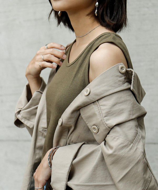 Fashion Letter ワッフルタンクトップ カーキ