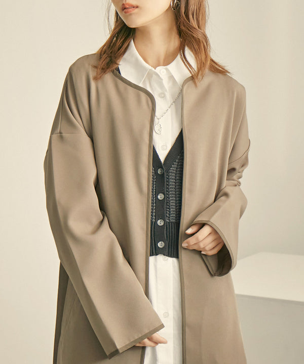 Fashion Letter パイピングノーカラーガウンコート モカブラウン