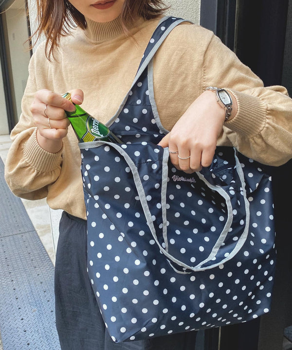 Fashion Letter 保冷保温コンパクトエコバッグ ネイビーホワイトドット