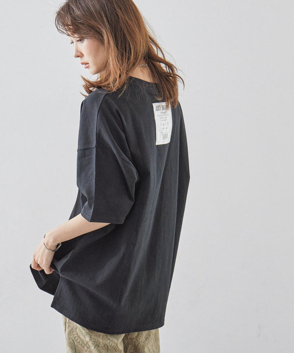 Fashion Letter バックロゴタグプリントビッグシルエットTシャツ カットソー ブラック