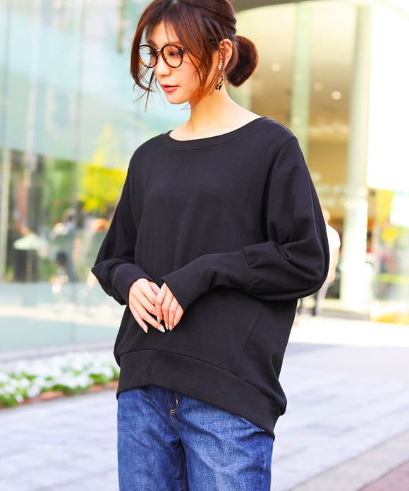 Fashion Letter 裏毛袖ribロングトレーナー ブラック