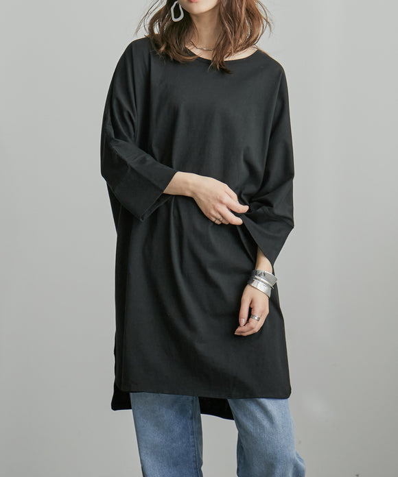 Fashion Letter ラウンドネックチュニックロングTシャツ ブラック