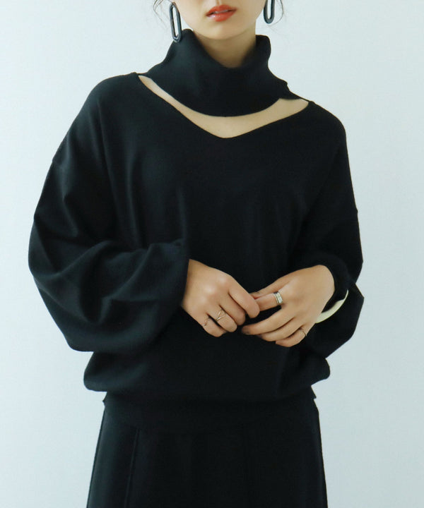 Fashion Letter オフタートルオープンネックニット ブラック