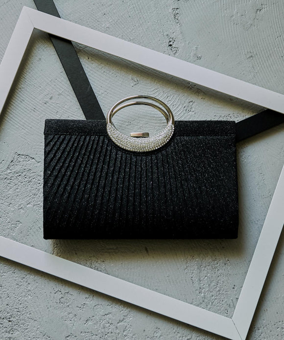 niana ビジュー×プリーツクラッチラメバッグ ブラック