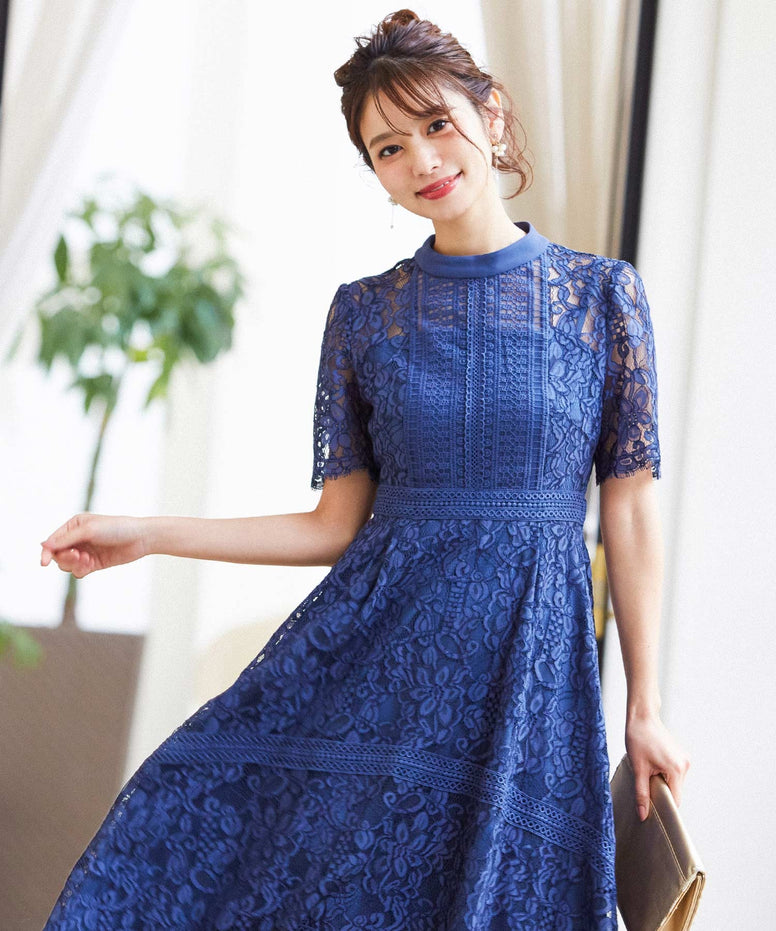 ケミカルレース×ハシゴレース切り替え 結婚式ワンピース パーティー 
