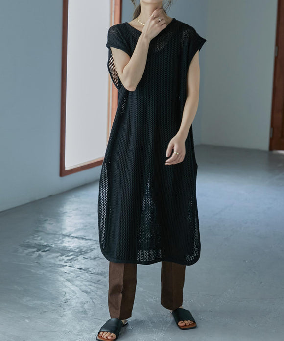 Fashion Letter メッシュニットロングベスト ブラック