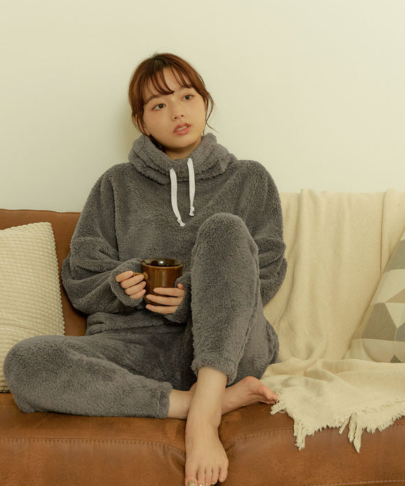 Fashion Letter シープボアハイネックパンツ上下セット チャコール