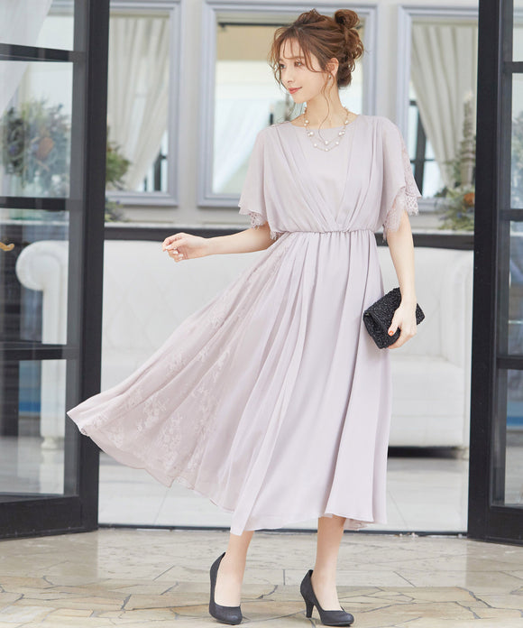 niana カシュクールデザイン レース×シフォンロングドレス アッシュピンク