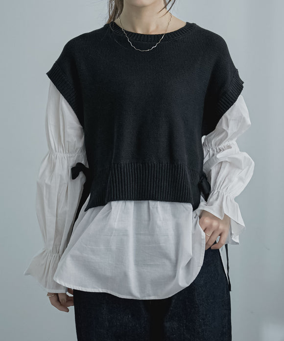 Fashion Letter 5G 天竺裏目×布帛 バック釦ドッキングニット ブラック