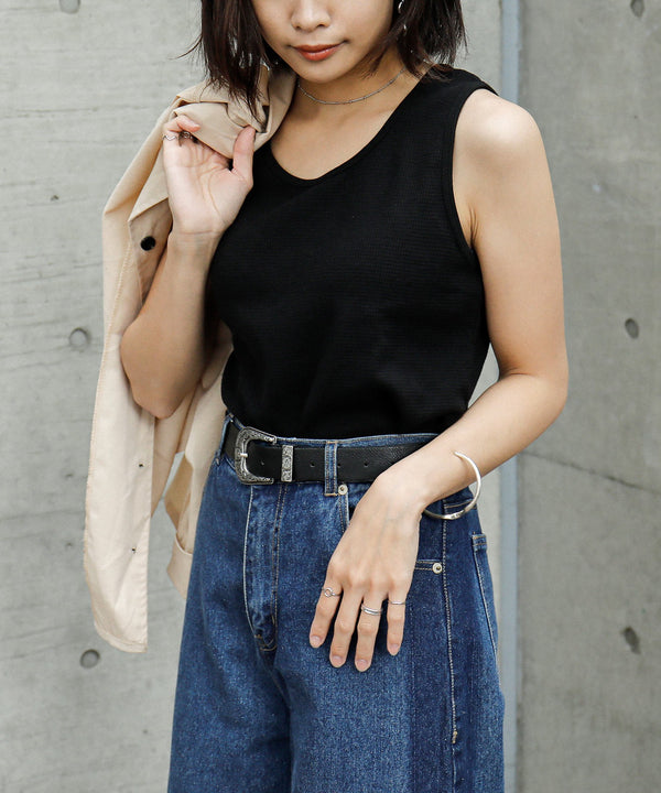 Fashion Letter ワッフルタンクトップ ブラック