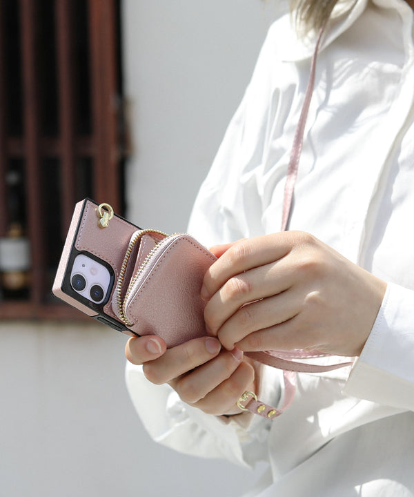 Fashion Letter 背面ファスナーポケット付きスマホケース iPhone12mini対応 ピンクベージュ