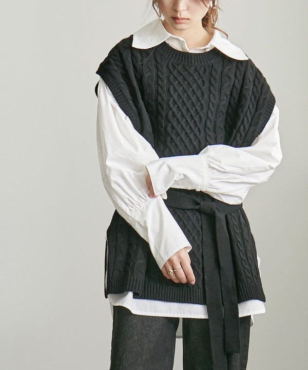 Fashion Letter リボンベルト付きニットベスト ブラック
