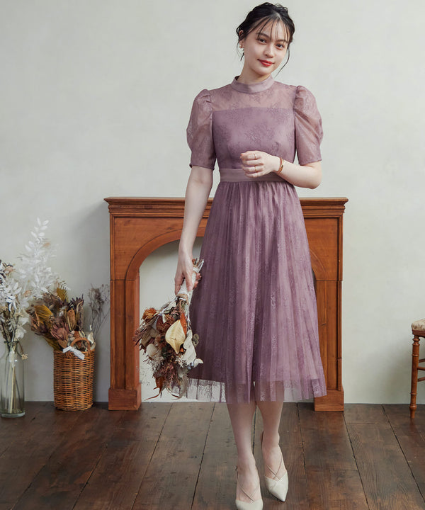niana バックサテンジョーゼット×ラッセルレースドレス ピンク