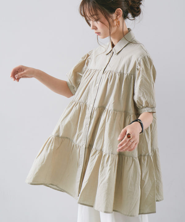 Fashion Letter 襟付きティアードチュニック ベージュ