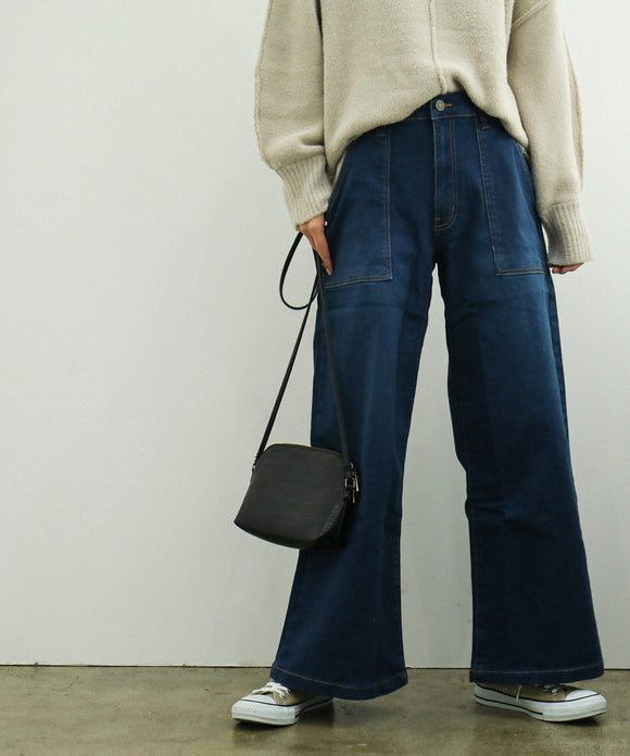 Fashion Letter 微起毛デニムベイカーワイドパンツ ネイビー