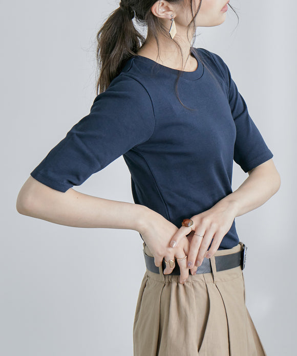 Fashion Letter コットンフライス5分袖Tシャツ ネイビー