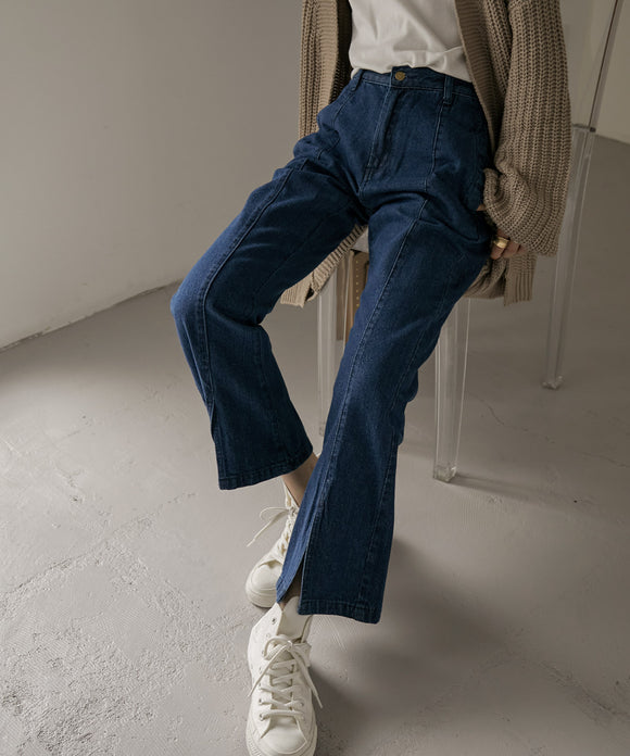 Fashion Letter センタースリットデニムパンツ ネイビー