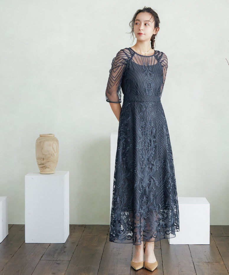 アンティーク刺繍レースボリュームスリーブパーティードレス 