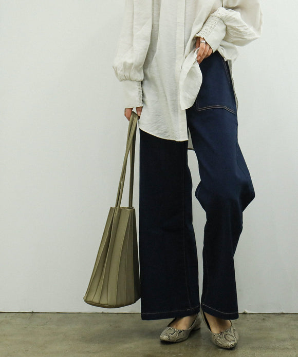 Fashion Letter 微起毛デニムベイカーワイドパンツ ワンウォッシュネイビー