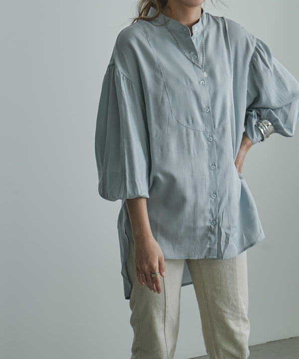 Fashion Letter 光沢バンドカラーシャツ アイスブルー