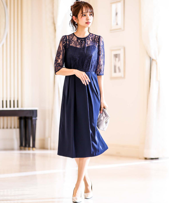 niana レースレイヤードコクーンワンピ ネイビー