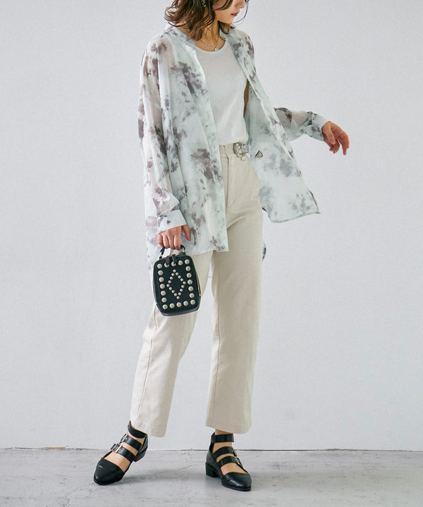 Fashion Letter タイダイ柄バンドカラーシアーシャツ カーキ