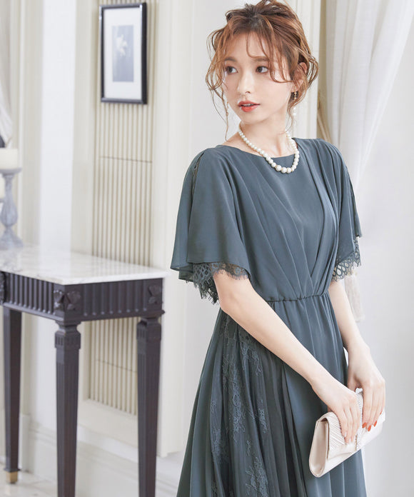niana カシュクールデザイン レース×シフォンロングドレス アーミーカーキ
