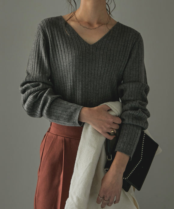 Fashion Letter Vネックリブニット 杢グレー