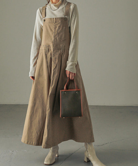 Fashion Letter タック入りロング丈サロペットスカート ベージュ