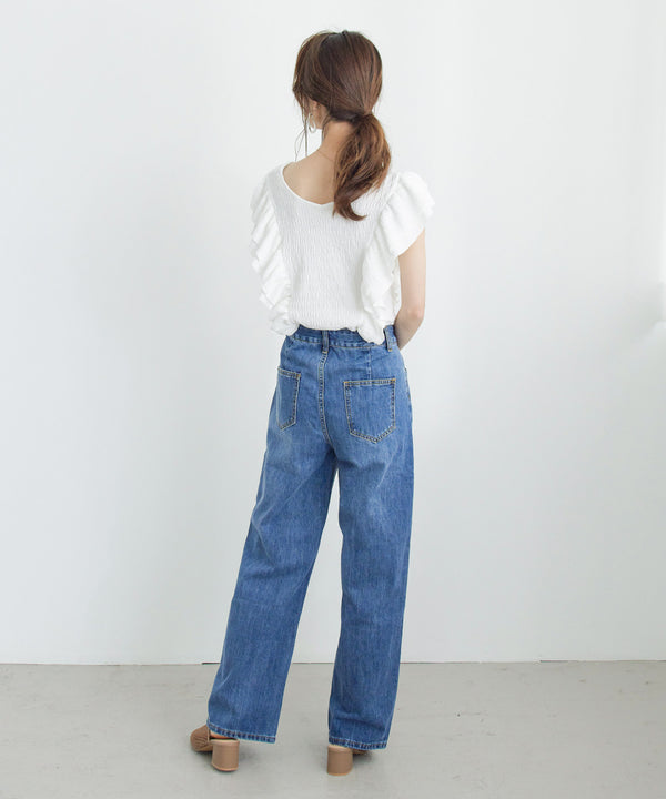 Fashion Letter 前後Vネック肩ダブルフリルトップス オフホワイト