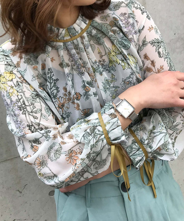 Fashion Letter ボタニカルpt タックネックBL オフ×ピンク