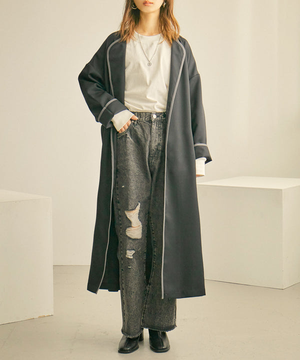 Fashion Letter パイピングノーカラーガウンコート ブラック