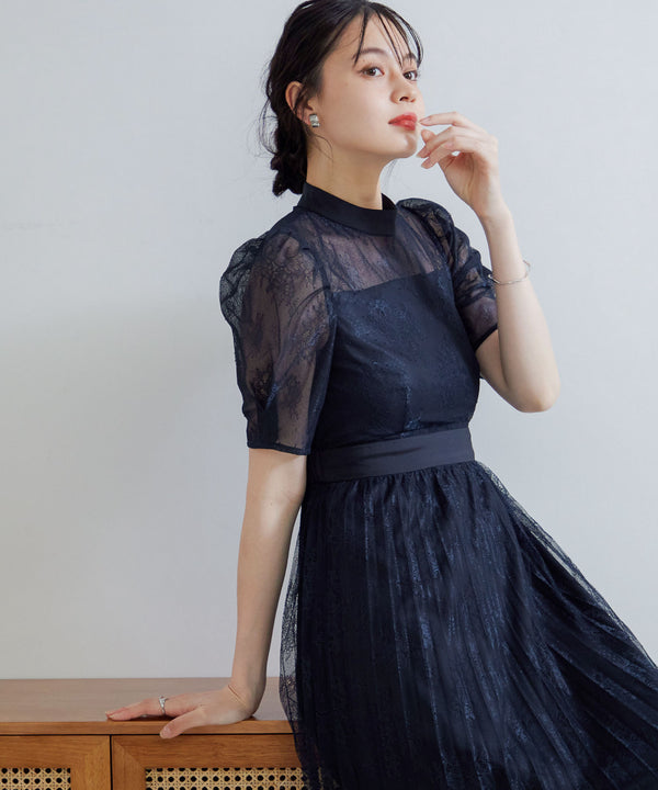niana バックサテンジョーゼット×ラッセルレースドレス ネイビー