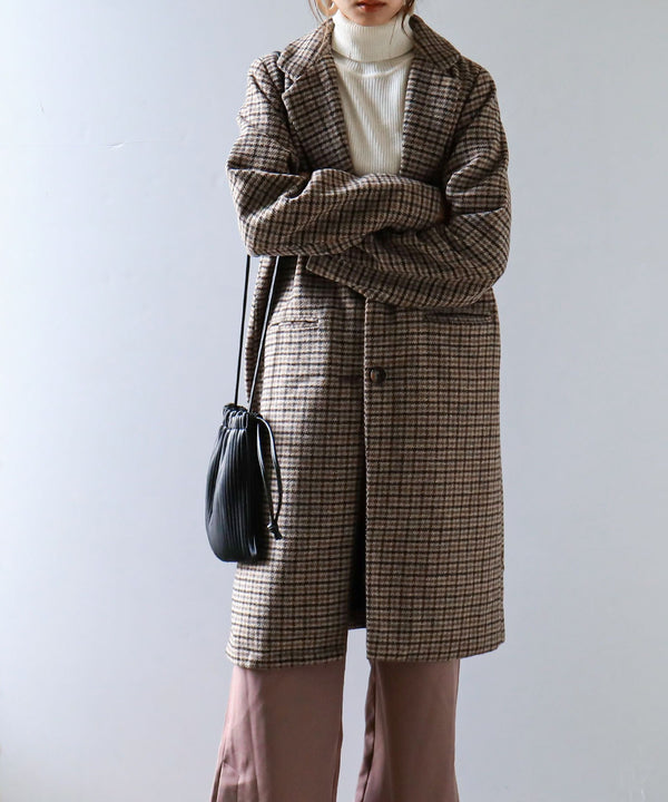 Fashion Letter チェック柄 ロングチェスターコート グレー
