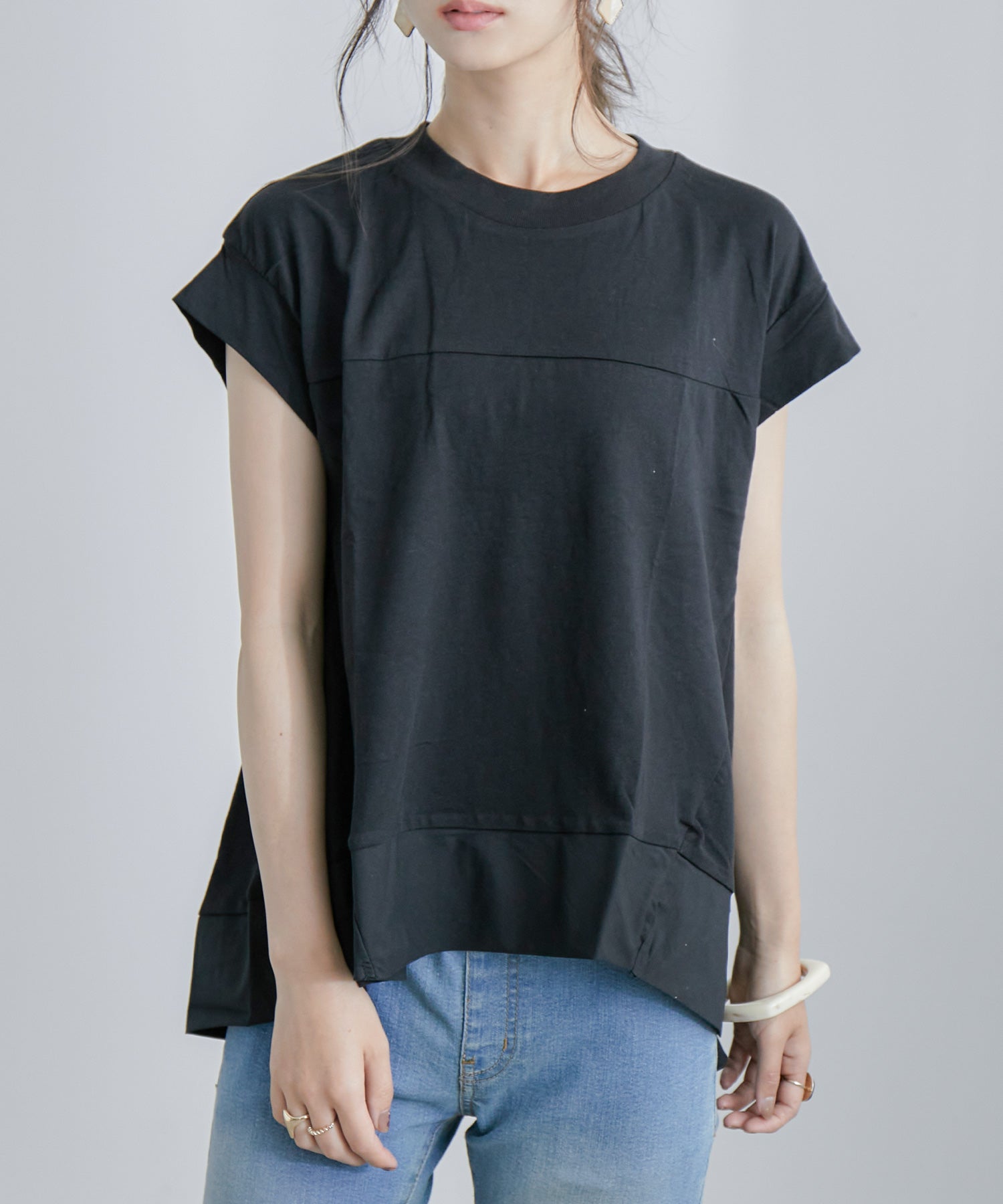 裾異素材切り替えフレアカットソーTシャツ 21SS｜Tシャツ - Fashion Letter
