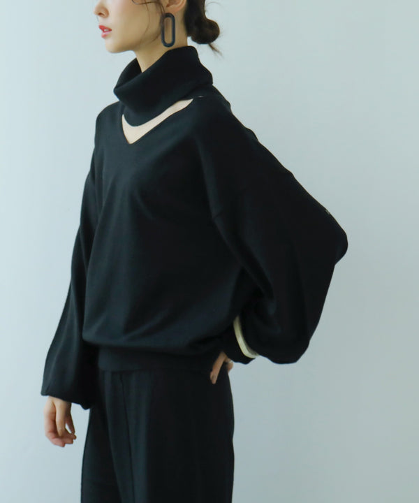 Fashion Letter オフタートルオープンネックニット ブラック