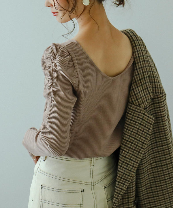 Fashion Letter カットリブパフショルダーカットソー ベージュ