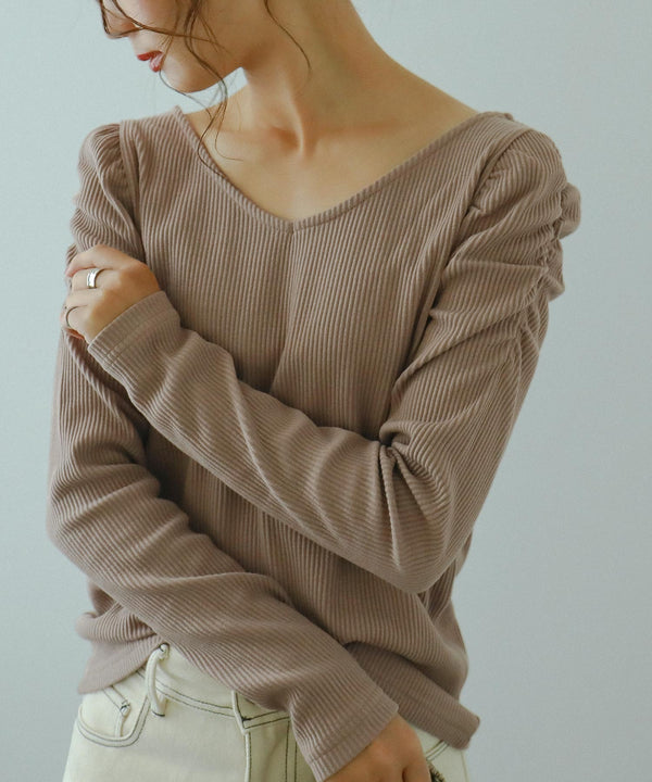 Fashion Letter カットリブパフショルダーカットソー ベージュ