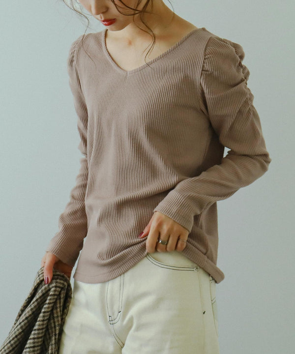 Fashion Letter カットリブパフショルダーカットソー ベージュ