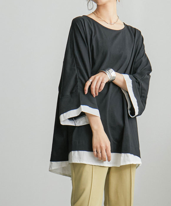 Fashion Letter レイヤードクルーネックTシャツ ブラック