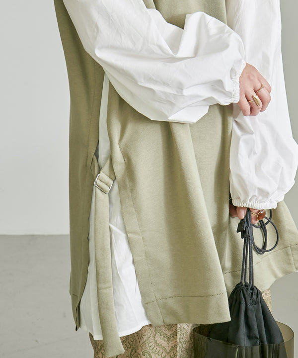 Fashion Letter サイドシャツ異素材レイヤードチュニック カーキ