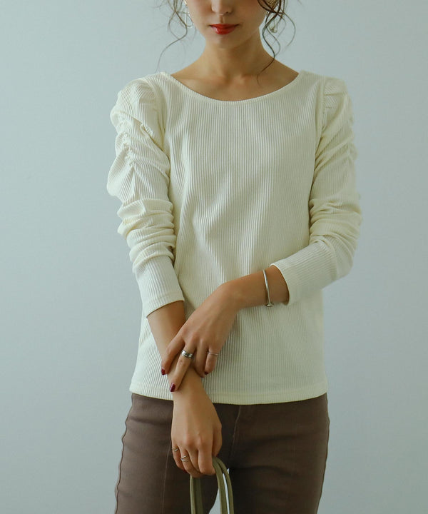 Fashion Letter カットリブパフショルダーカットソー アイボリー