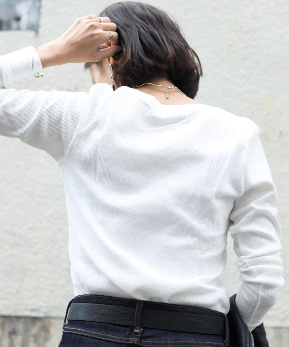 Fashion Letter ワッフルVネック長袖Tシャツ ホワイト
