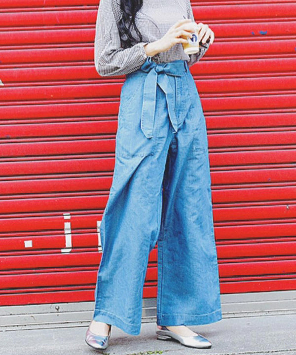 Fashion Letter リネン&デニム ワイドパンツ サックスデニム