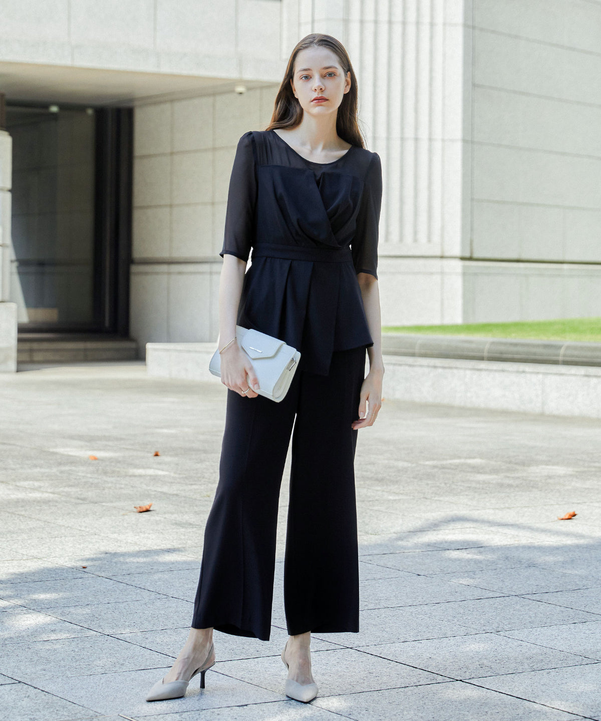 ブラックフォーマル袖シフォンパンツドレス2点セット