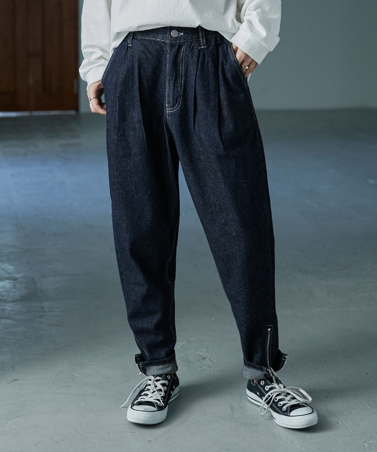 Fashion Letter エッジテーパードデニムパンツ ワンウォッシュネイビー