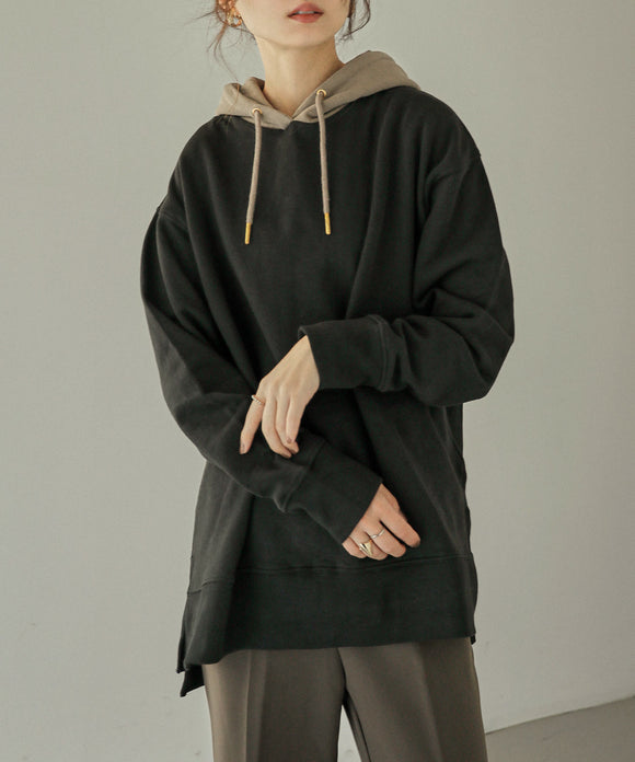 Fashion Letter 裏起毛配色パーカー ブラック×ライトカーキ