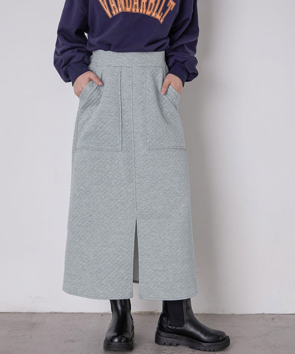 Fashion Letter ｶｯﾄジャガードキルトフロントスリットタイトスカート グレー
