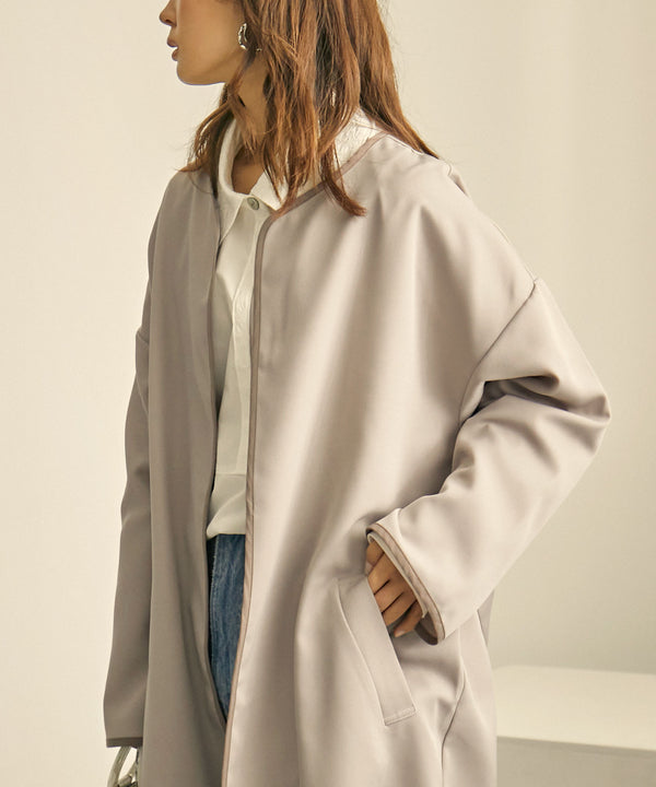 Fashion Letter パイピングノーカラーガウンコート グレージュ