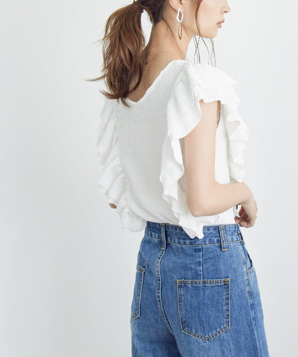 Fashion Letter 前後Vネック肩ダブルフリルトップス オフホワイト